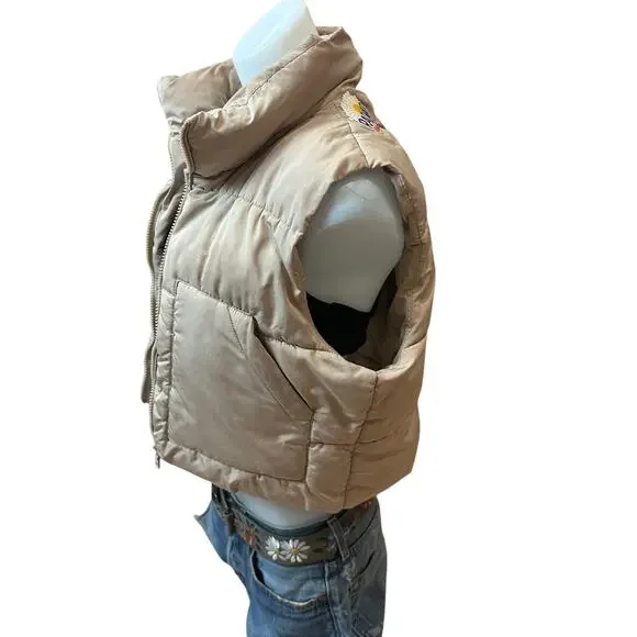 Camping Beige Puffer Vest MEDIUM Radiate Positivity Desert Tailgate Unique Crop - Picture 4 of 8